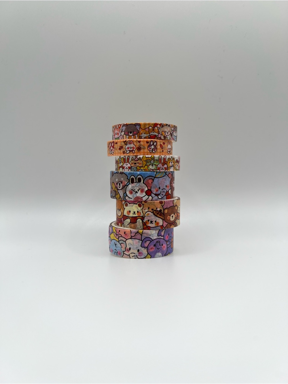 6 Animal Cute Character Washi Tape Set 2 - Pink, Orange, Blue, Purple